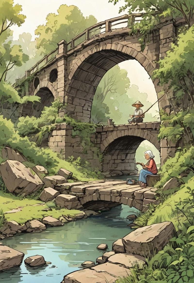 36596-560419648-old woman fishing under the old bridge, vegetation, peaceful place, cartoon, sketch.jpg